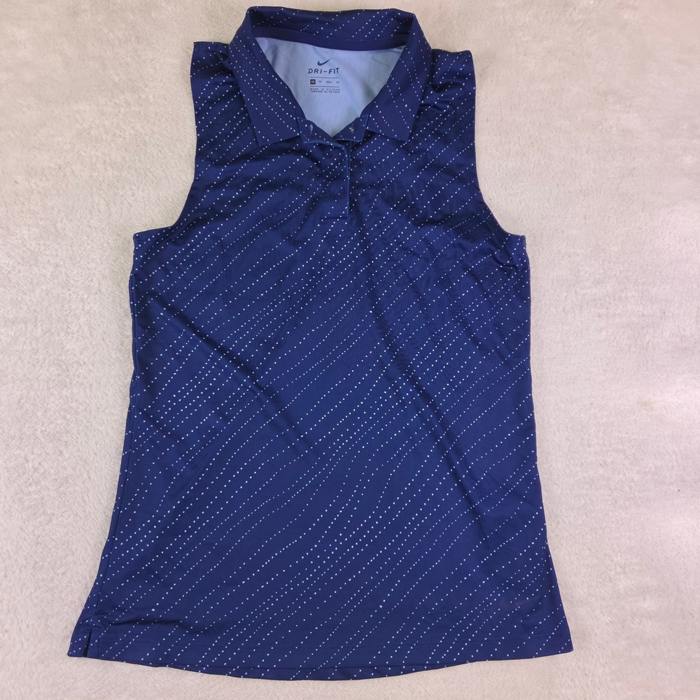 Nike Dri-FIT Womens XS Sleeveless Polo Shirt Navy Blue White Dot Golf Tennis Top